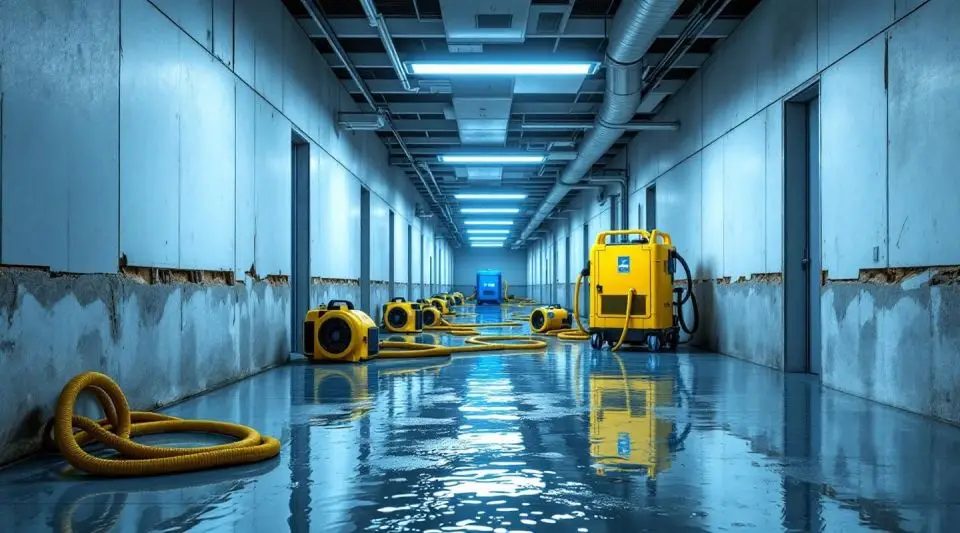 Commercial water extraction crew using industrial air movers and dehumidifiers in a Santa Ana office building.