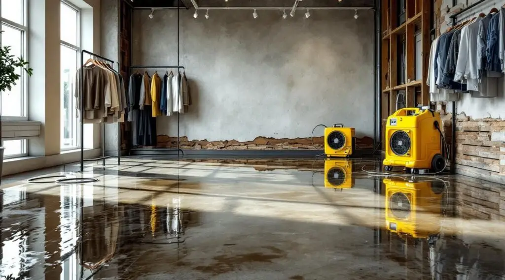 Restoration crew extracting water from a flooded retail showroom floor in Santa Ana under professional drying equipment