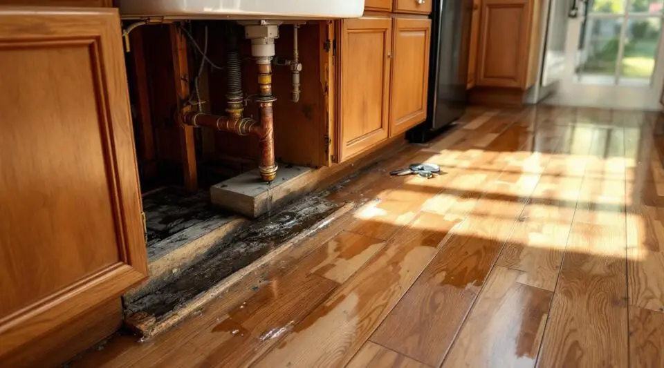 Restoration technician inspects water damage under a kitchen sink in a Santa Ana home, assessing cabinet subfloor damage.