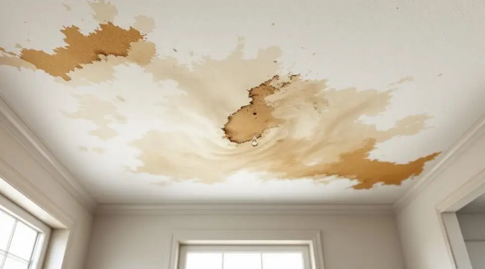 A professional technician using a moisture meter to inspect a water-stained plaster ceiling in a Santa Ana home.