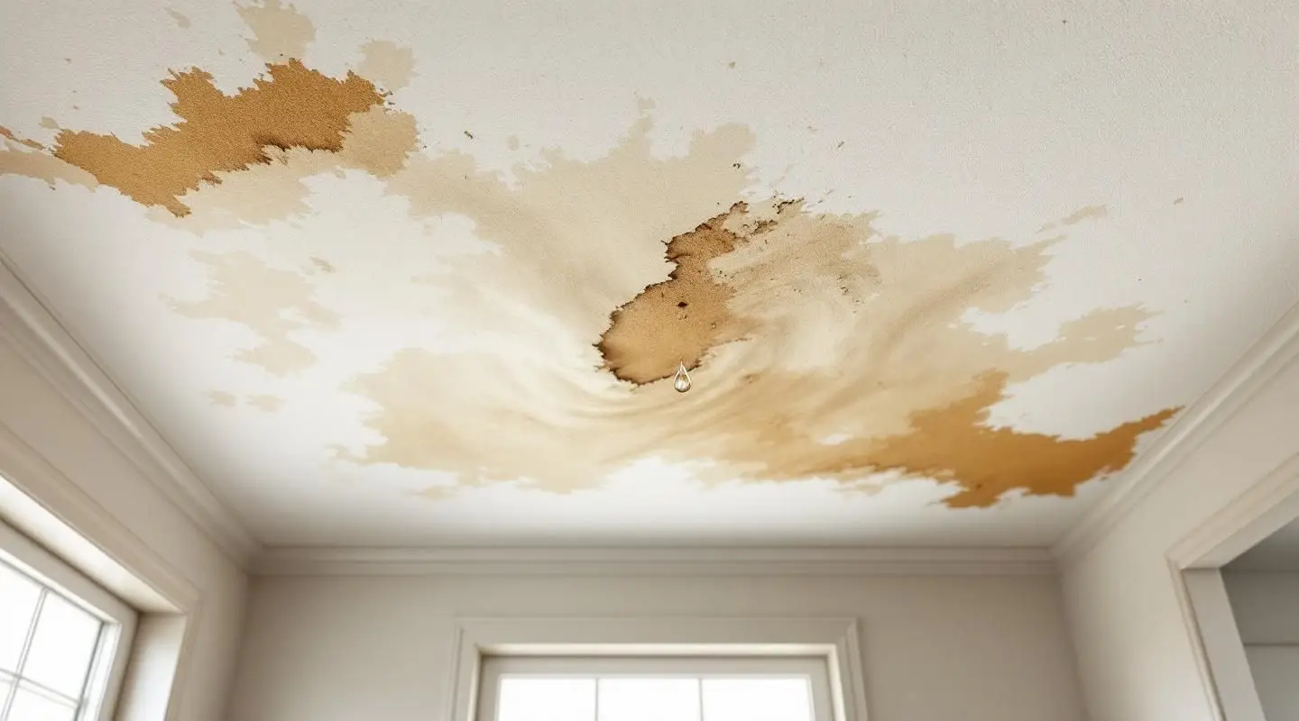 A professional technician using a moisture meter to inspect a water-stained plaster ceiling in a Santa Ana home.