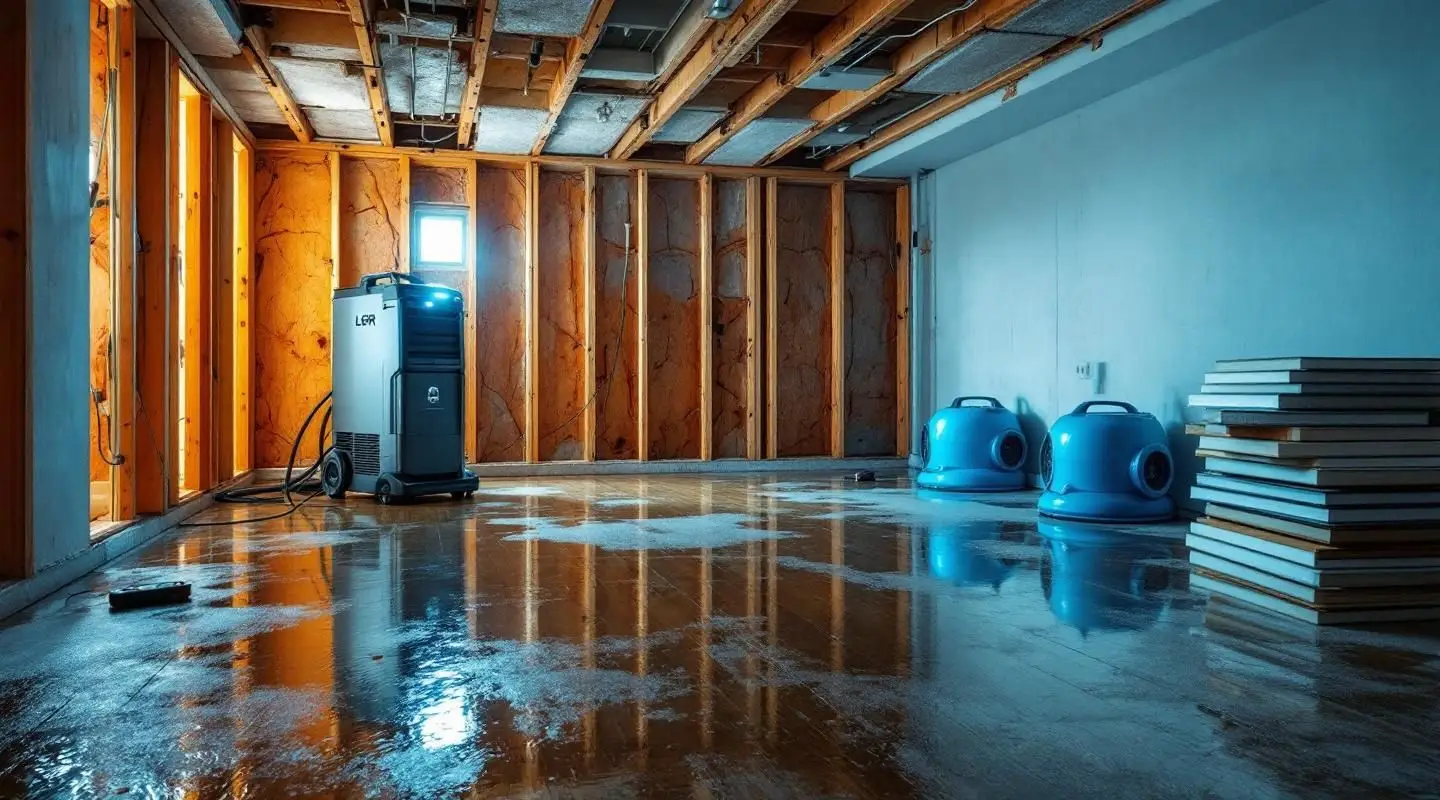 A technician using a water extraction vacuum on wet carpet in a flooded Santa Ana home to prevent mold growth.