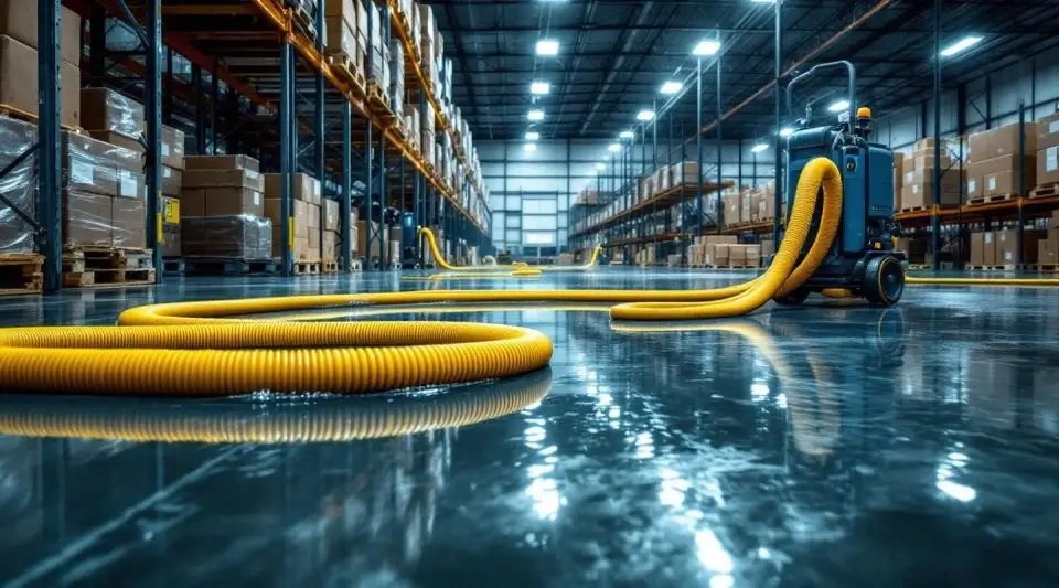 Restoration technicians using industrial truck-mounted pumps to extract floodwater from a Santa Ana warehouse floor.
