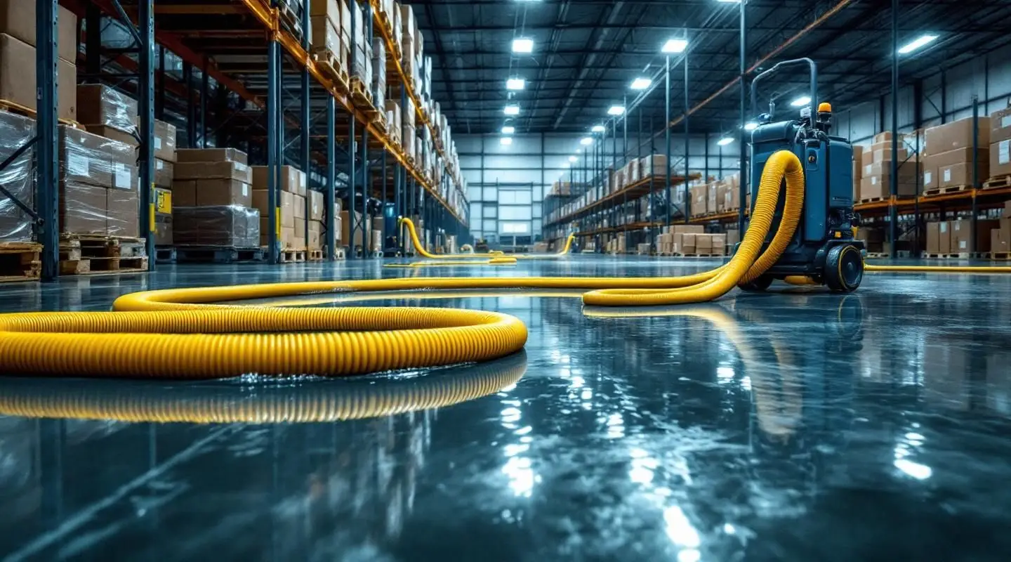 Restoration technicians using industrial truck-mounted pumps to extract floodwater from a Santa Ana warehouse floor.