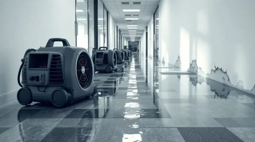 Restoration technicians using commercial water extraction equipment in a flooded Santa Ana office building