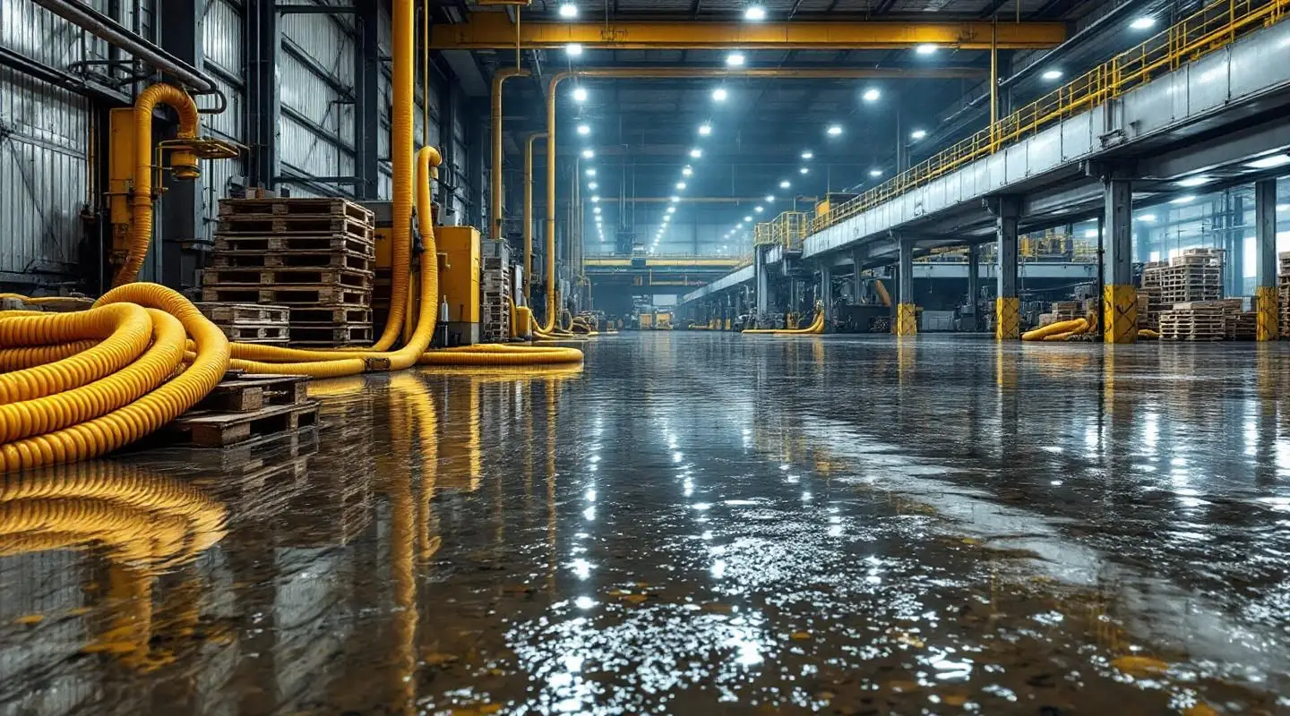 Commercial water extraction crew using truck-mounted pumps in a flooded Santa Ana warehouse under dramatic emergency lighting.