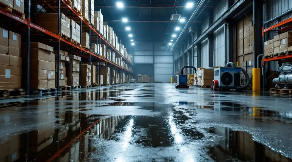 Commercial restoration crew drying a concrete warehouse floor in Santa Ana using industrial air movers and dehumidifiers.