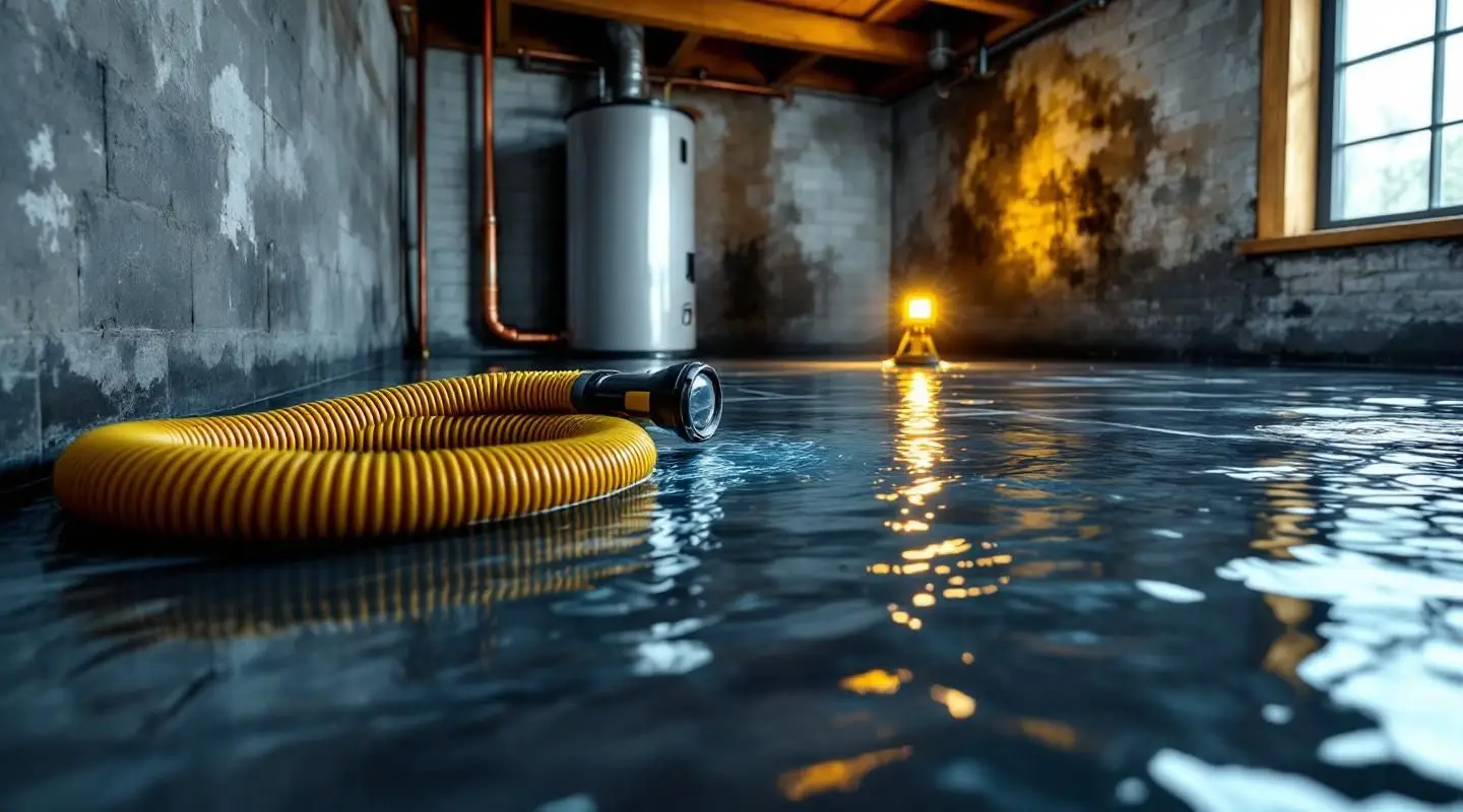 A professional technician using a water extraction vacuum on a damp hardwood floor in a Santa Ana home, focused and urgent.