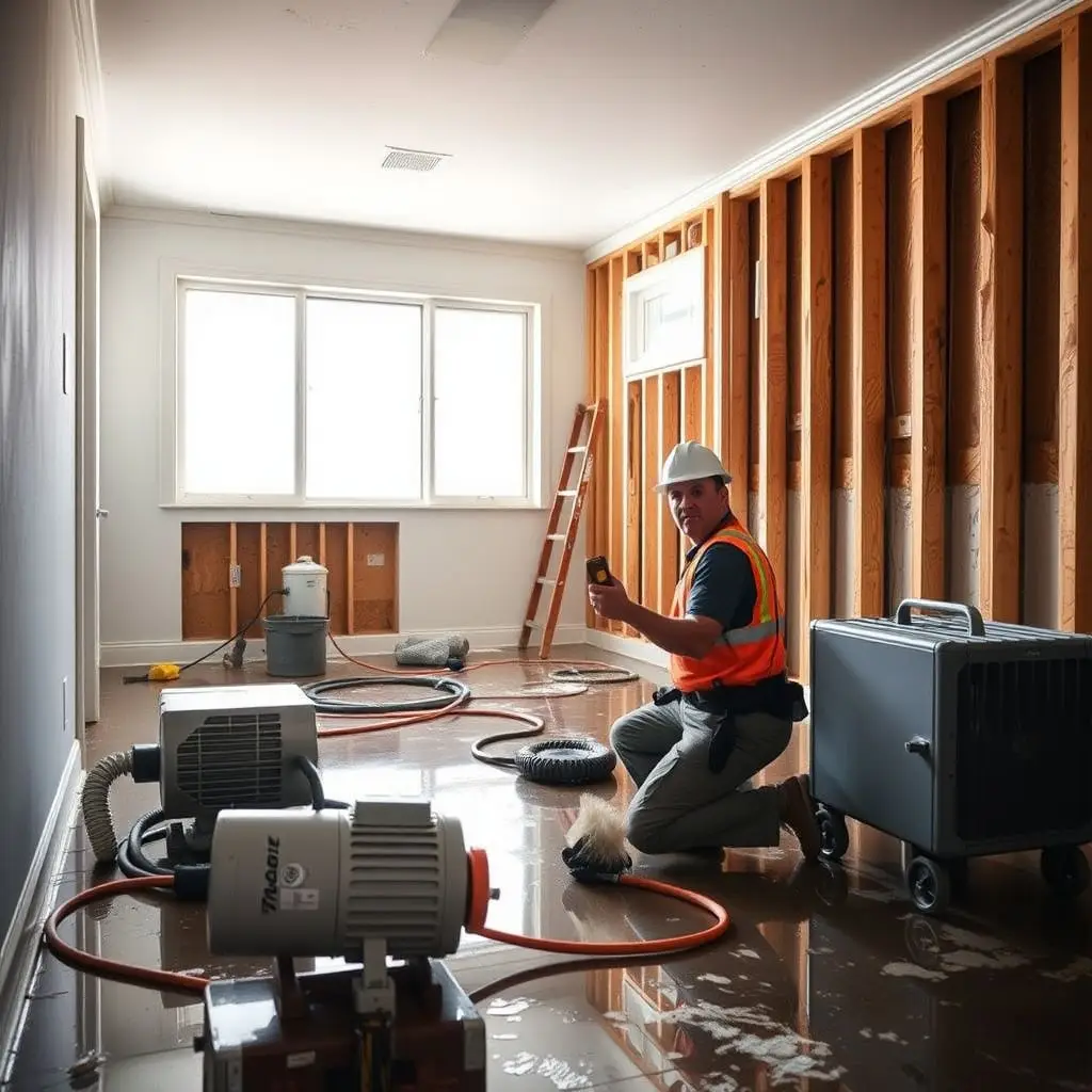 An IICRC-certified technician using a moisture meter to check a drywall wall in a Tustin home.