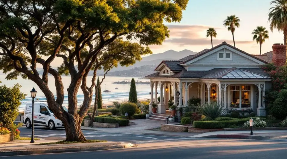 A response vehicle parked near a classic Spanish-style Newport Beach home with stucco exterior during a misty coastal morning.