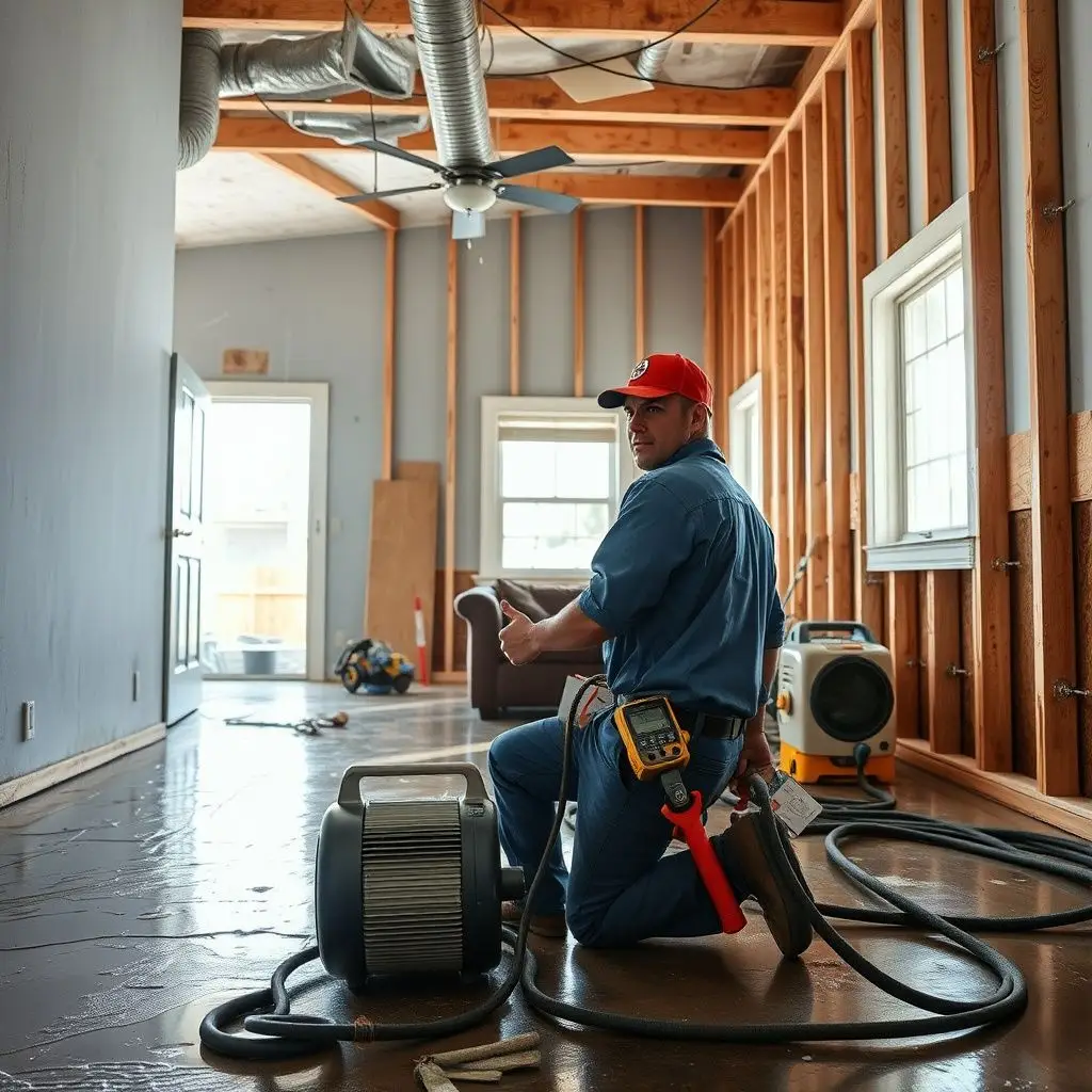 A professional water extraction setup with air movers and dehumidifiers running in an Orange, CA living room.