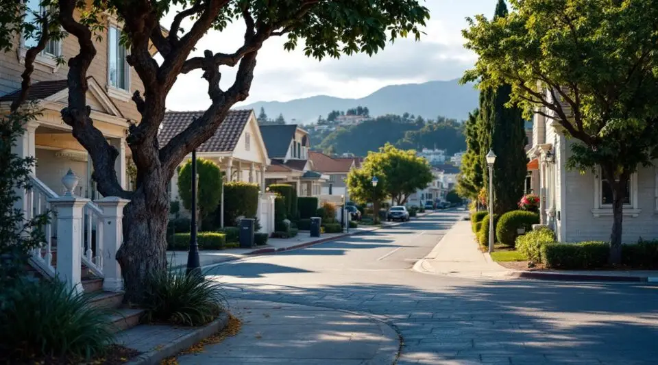 A service vehicle parked on a residential street in Fountain Valley, California, during a humid coastal morning.