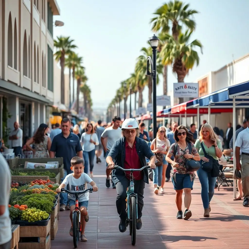 A scenic view of historic downtown Garden Grove with classic storefronts and palm trees lining the street under bright daylight.