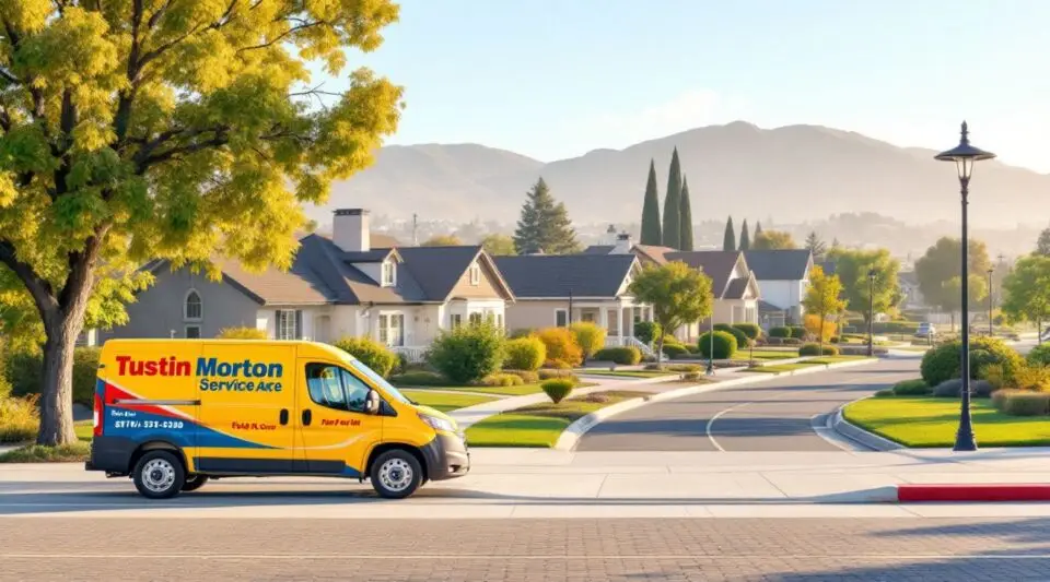 A service vehicle parked on a residential street in Tustin, CA with Spanish-style tile roofs in the background.