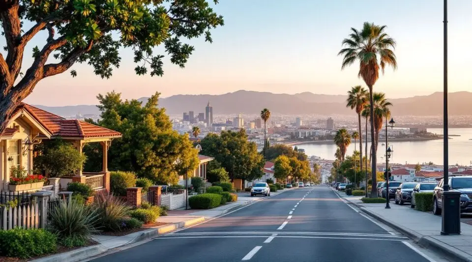 A service vehicle parked along a residential street in Costa Mesa, CA, near classic mid-century tract homes under a coastal sky.